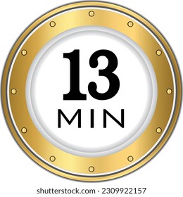 13 minute icon. Symbol for product labels. Different uses such as cooking time, cosmetic or chemical application time, waiting time . 13min time circle icon. isolated background.