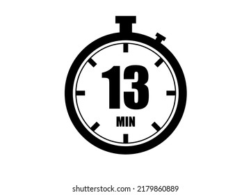 13 Minutes timers clock. Time measure. Chronometer vector icon black isolated on white background.