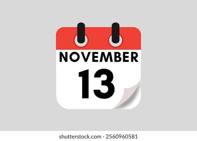 13 November calendar icon text page monthly web design on red, white, black and ash background vector, icon, or illustration with the month of November 13