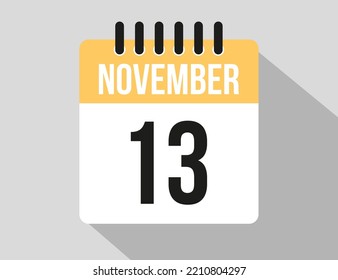 icono vectorial del calendario 13 de noviembre. Fecha de noviembre amarillo para los días del mes y la semana