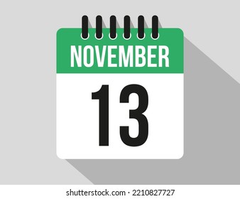 13. November Kalender Vektorsymbol. Grünes November-Datum für die Tage des Monats und der Woche