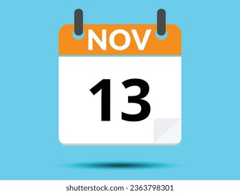 13 November. Flat icon calendar isolated on blue background. Vector illustration.