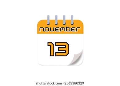 13 November month single day vector, illustration, calendar with yellow, black and white color background calendar November 13