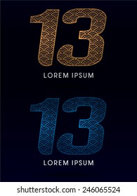 13 Number ,Luxury font ,designed using gold and blue line, concept shape from water, river, sea, ocean, fish scale, logo, symbol, icon, graphic, vector.