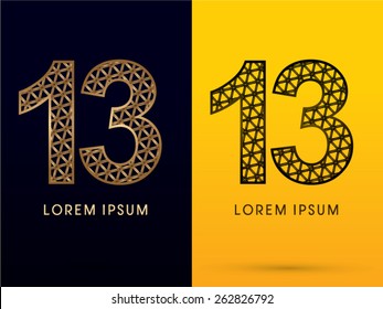 13 ,Number, Luxury font, designed using gold and black triangle geometric shape. on dark and yellow  background, sign ,logo, symbol, icon, graphic, vector.