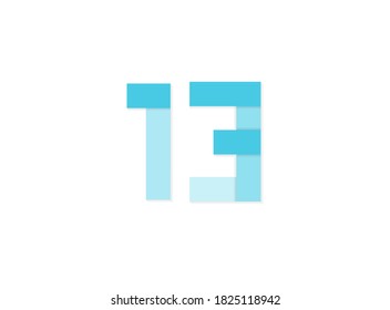 13 number, vector logo, paper cut desing font made of blue color tones .Isolated on white background. Eps10 illustration