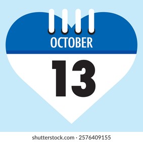 13 October calendar icon blue heart shape on light sky blue color background, calendar vector symbol for the month of October.