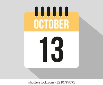 13 October calendar vector icon. Yellow october date for the days of the month and week