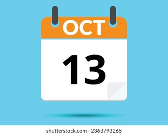 13 October. Flat icon calendar isolated on blue background. Vector illustration.