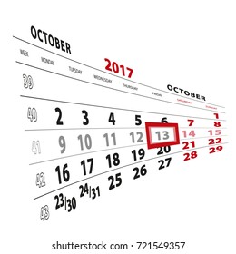 13 October highlighted on calendar 2017. Week starts from Monday. Vector Illustration.