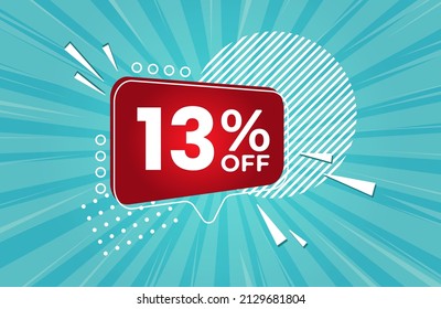 13% off. Blue banner with 13 percent discount on a red balloon for mega big sales. 