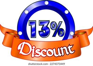 13% off, blue disk and orange ribbon, vector illustration for wholesale and retail, illustrative art, beautiful illustration, vector. God is good!