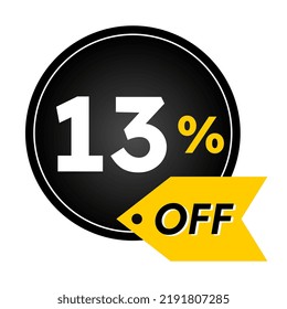 13% off limited special offer. Banner with 13 percent off in black and yellow circular balloon