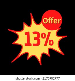 13% off (offer) with red and yellow online discount explosion speech bubble, bubble	