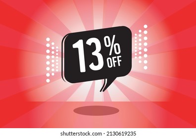 13% off. red banner with thirteen percent discount on a black balloon for mega big sales.