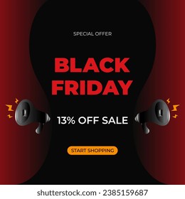 13% off sale Black Friday header with special offer advertising. Thirteen percent discount. Black shouting megaphones. Promotional banner with discount and loudspeakers. Vector illustration.