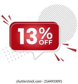 13% off. White background with 13 percent discount on a red balloon for mega big sales. 13% sale