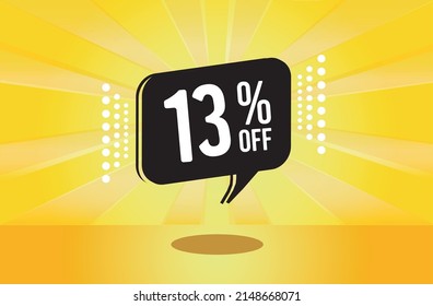 13% de descuento. Banner amarillo con un descuento del 13% en un globo negro para grandes ventas.