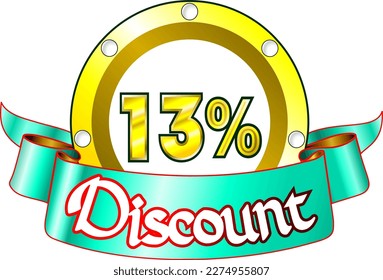 13% off, yellow disk and green ribbon, vector illustration for wholesale and retail, illustrative art, beautiful illustration, vector. God is good!