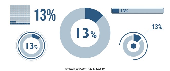 13 percent loading data icon set. Thirteen circle diagram, pie donut chart, progress bar. 13% percentage infographic. Vector concept collection, blue color.