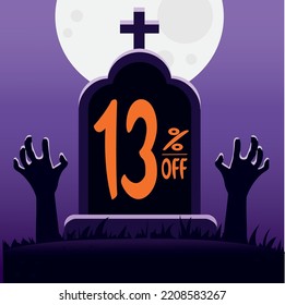 13 percent off. tomb with the phrase "13% off" and with zombie hands coming out of the ground. main color is purple