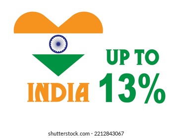 13% percentage India with Flag color vector art illustration with heart shape, font, green, orange and white color.
