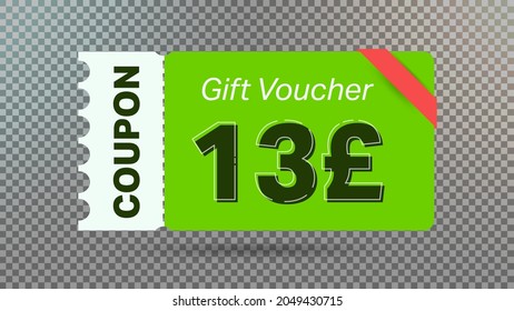 13 Pound coupon promotion sale for website, internet ads, social media.Big sale and super sale coupon code Pound 13 discount gift voucher coupon vector illustration summer offer ends weekend