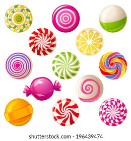 13 round bright lollipops over white background