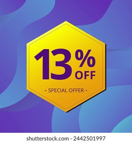 13% Sale and Discount Label. Thirteen percent Sale Discount label Geometric design. Abstract Blue and Yellow Hexagon. Vector illustration.