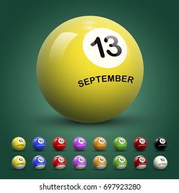 13 September. Billiard ball calendar day. Different color billiard balls isolated on green background vector illustration.