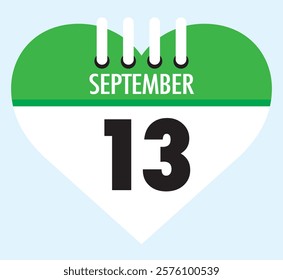 13 September calendar icon green heart shape on light sky blue color background, calendar vector symbol for the month of September.