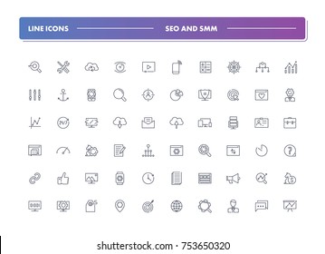 13. Set of 60 line icons. SEO and SMM collection. Vector illustration for internet page development and advancing in social media, blogging 