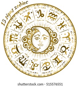 13 signs of the zodiac astrological circle, vector illustration