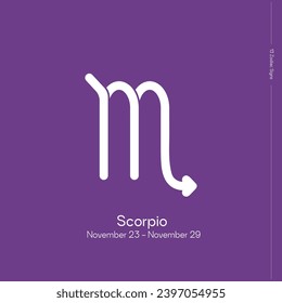 The 13 signs of the zodiac. New horoscope. Zodiac sign with binding on lilac background. Zodiacal signs in astrological system. Scorpio.