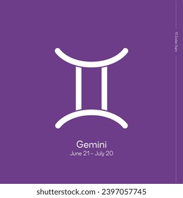 The 13 signs of the zodiac. New horoscope. Zodiac sign with binding on lilac background. Zodiacal signs in astrological system. Gemini.