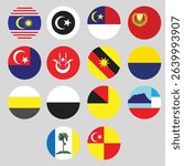13 state flags in Malaysia. CIRCLE flags. Vector Illustration.