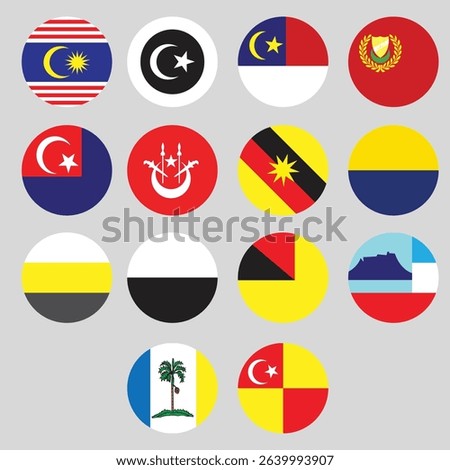 13 state flags in Malaysia. CIRCLE flags. Vector Illustration.