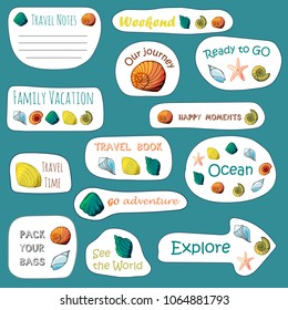 13 Stickers set with shells in cartoon style. For web, social network, travel book and creative design. Vector illustration