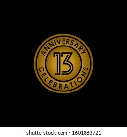 13 th anniversary line style design logo vector element with an isolated gold ring and elegance on a black background, a vector design for celebrations, invitation cards and greeting cards.