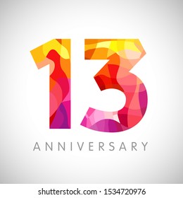 13 th anniversary numbers. 13 years old multicolored logotype. Age congrats, congratulation art idea. Isolated abstract graphic design template. Coloured 1, 3 digits. Up to 13% percent off discount.