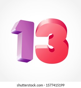 13 th anniversary numbers. 13 years old coloured logotype. Age congrats, congratulation idea. Isolated abstract graphic design template. Creative 1, 3 3D digits. Up to 13%, -13% percent off discount.