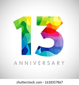 13 th anniversary numbers. 13 years old logotype. Bright congrats. Isolated abstract graphic web design template. Creative 1, 3 3D digits. Up to 13%, -13% percent off discount. Congratulation concept.