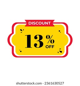 13%, thirteen percent. Discount banner shape. Sale coupon. Red and yellow tag. Special offer badge. Modern concept design. Tag with offer badge. Vector