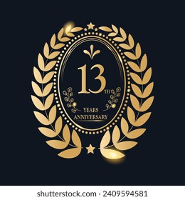 13 ThYears Anniversary celebration. Vector Template festive illustration Golden Color,. Birthday or wedding party event decoration.