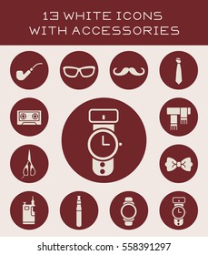 13 white icons with accessories.