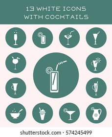 13 white icons with cocktails.