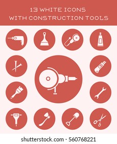 13 white icons with construction tools.