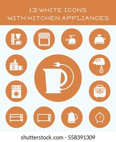 13 white icons with kitchen appliances.