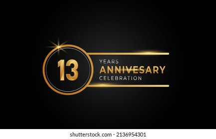 13 Year Anniversary Celebration Golden and Silver Color with Circle Ring for Celebration Event, Wedding, Greeting card, and Invitation Isolated on Black Background