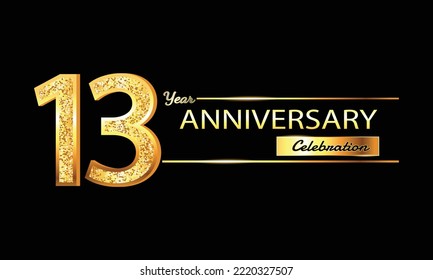 13 Year Anniversary celebration Vector Design. 13th Anniversary celebration. Gold Luxury Banner of 13th Anniversary celebration with glitter 3D. Vector anniversary